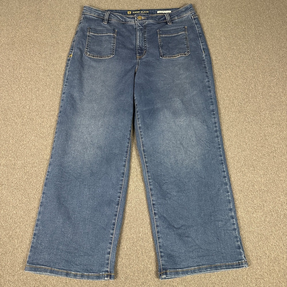 Anne Klein AK High Rise Wide Crop Jeans Womens 12 Blue Stretch Denim Wide Leg